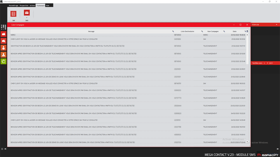Logiciel de relation client (CRM) Tunisie - Mega Contact - SMS