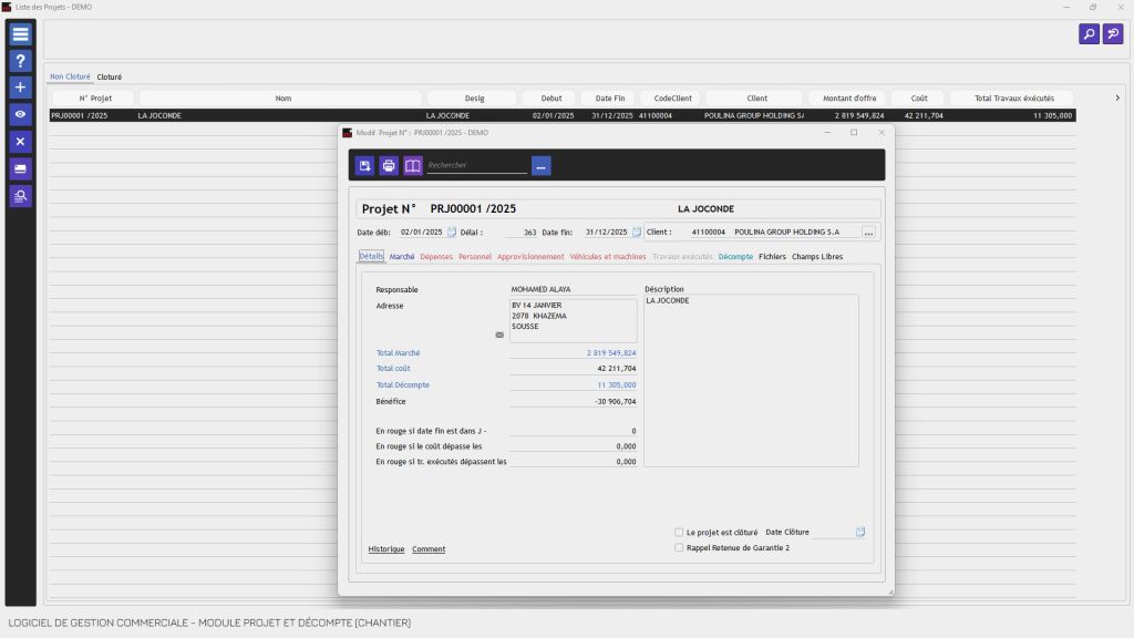 Logiciel de gestion commerciale Tunisie avec suivi Projet et décompte -Logiciel de gestion commerciale Tunisie avec suivi chantier