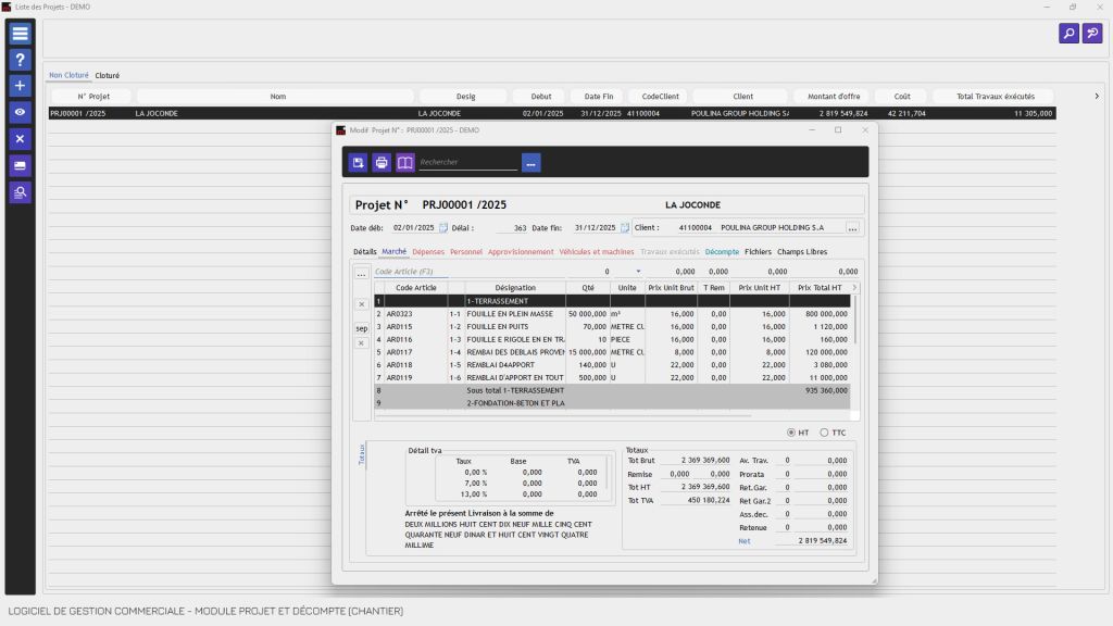 Logiciel de gestion commerciale Tunisie avec suivi Projet et décompte -Logiciel de gestion commerciale Tunisie avec suivi chantier