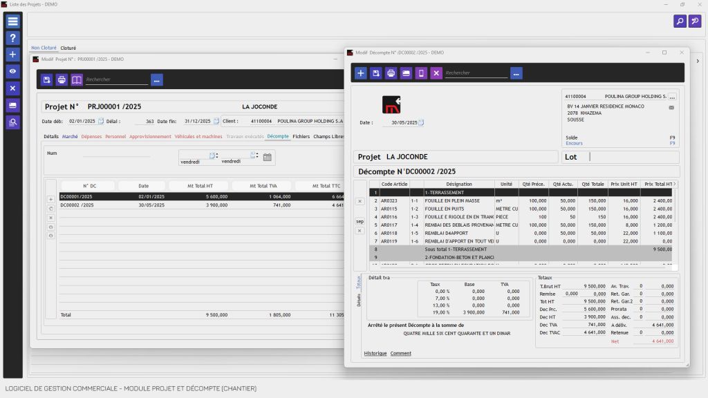 Logiciel de gestion commerciale Tunisie avec suivi Projet et décompte -Logiciel de gestion commerciale Tunisie avec suivi chantier