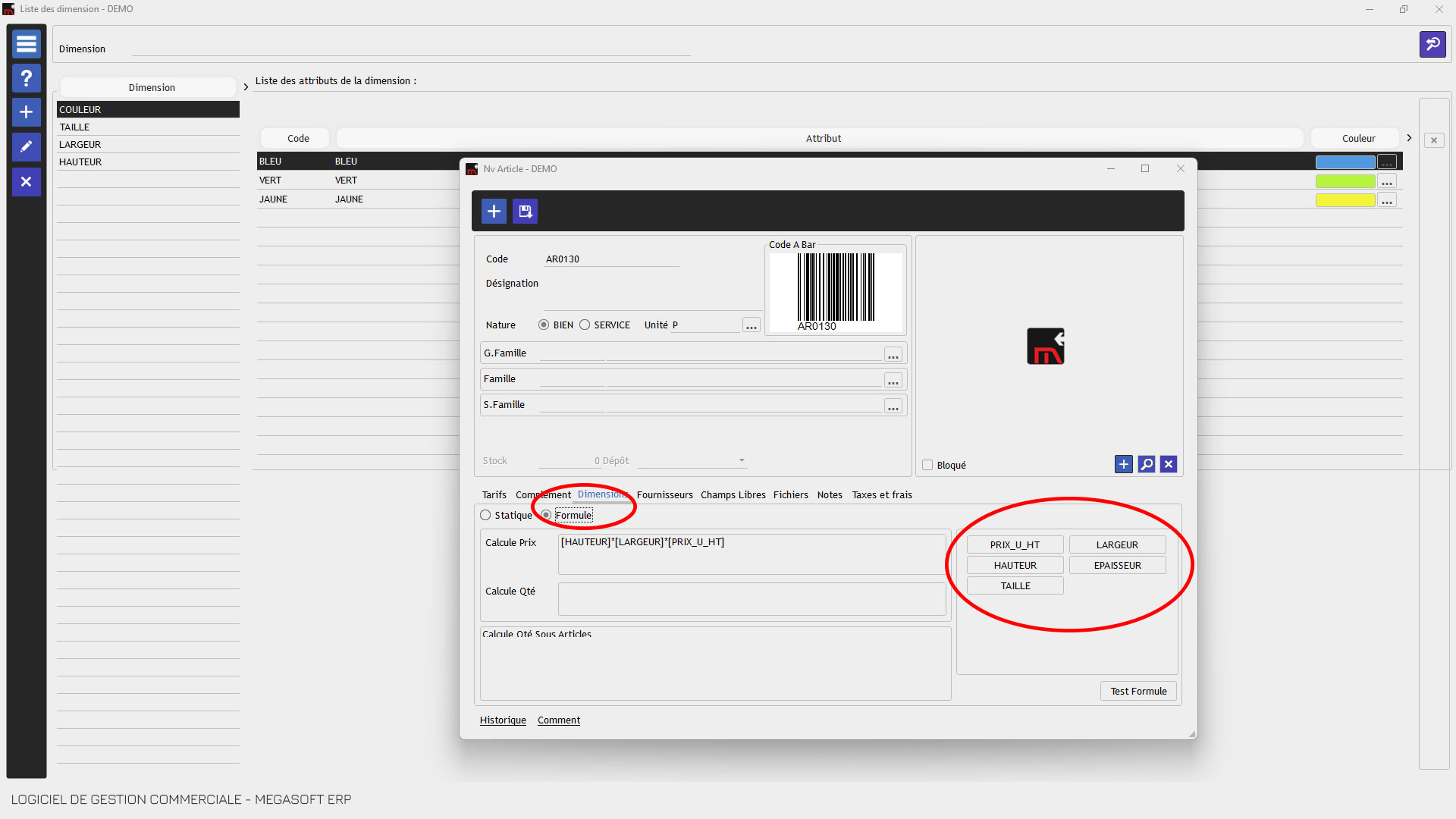 Logiciel de gestion commercial et module de dimension dynamique avec formule personnalisée