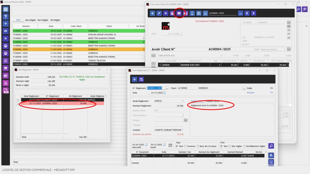 Logiciel de gestion commerciale Tunisie avec Reglement-sur-avoir