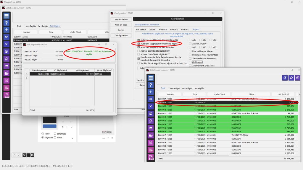 Logiciel de gestion commerciale Tunisie - Autorisation de Suppression-document-réglé